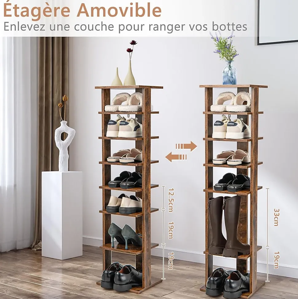 étagère à Chaussures à 7 Niveaux en Bois Range Chaussures Vertical et Compact en Hauteur Différente Organisateur de Rangement