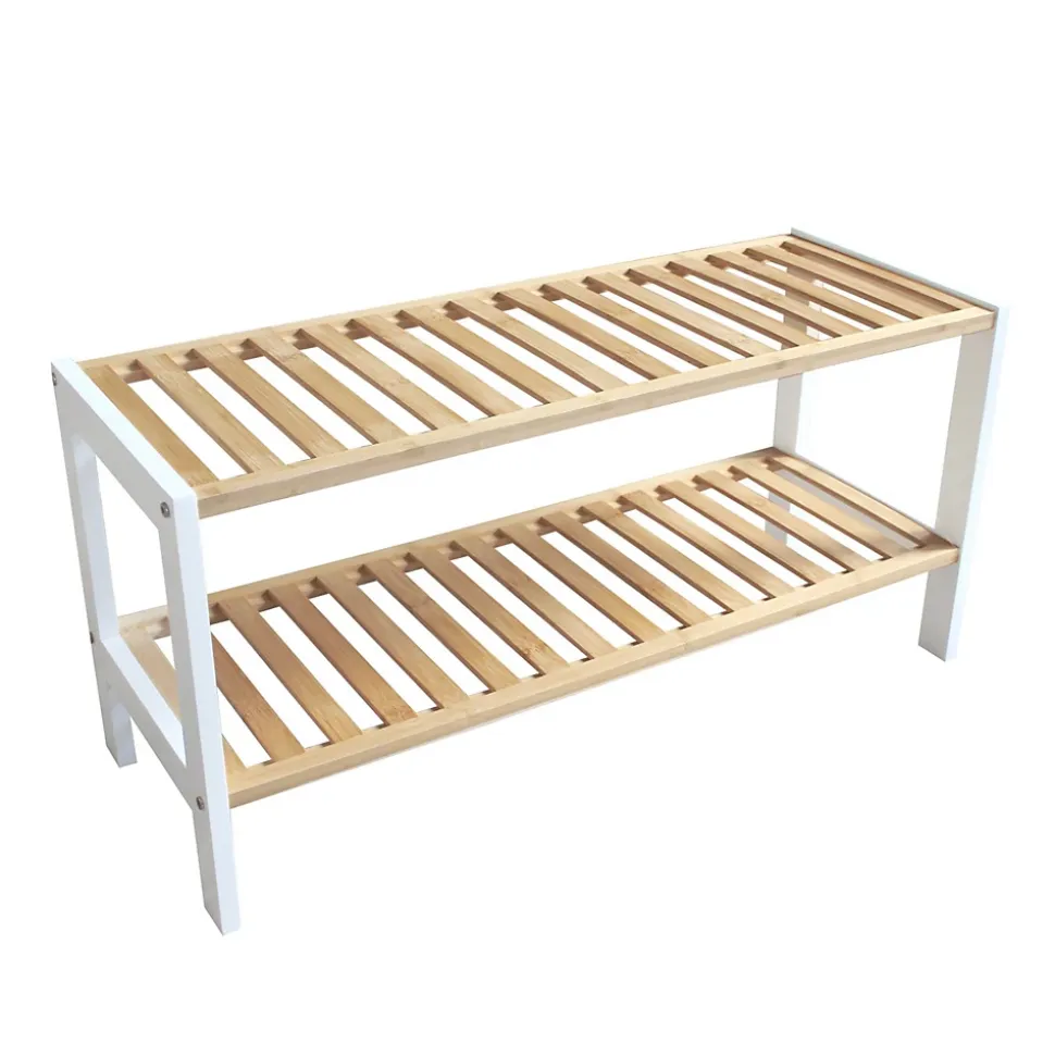 Étagère à chaussures avec 2 niveaux en bambou blanc 70 x 26 x 33,5 cm