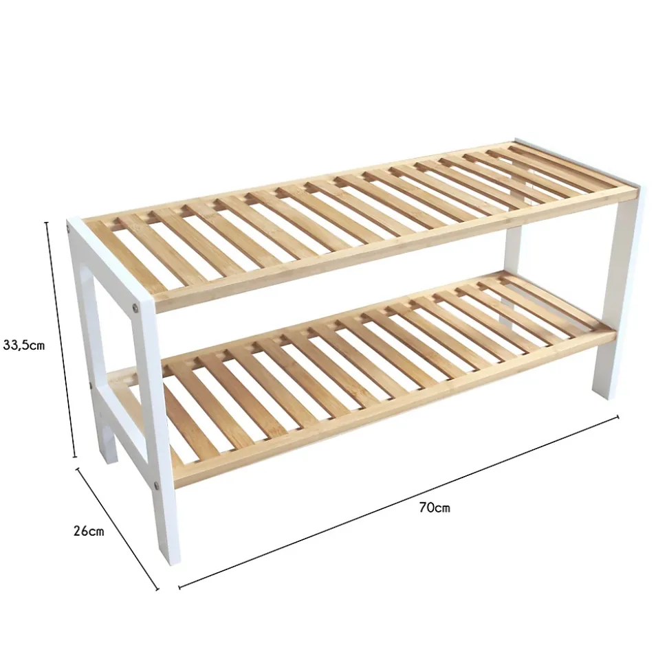 Étagère à chaussures avec 2 niveaux en bambou blanc 70 x 26 x 33,5 cm