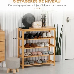 Étagère à chaussures en bambou 5 niveaux - meuble à chaussures bambou - 80 x 29 x 82 cm