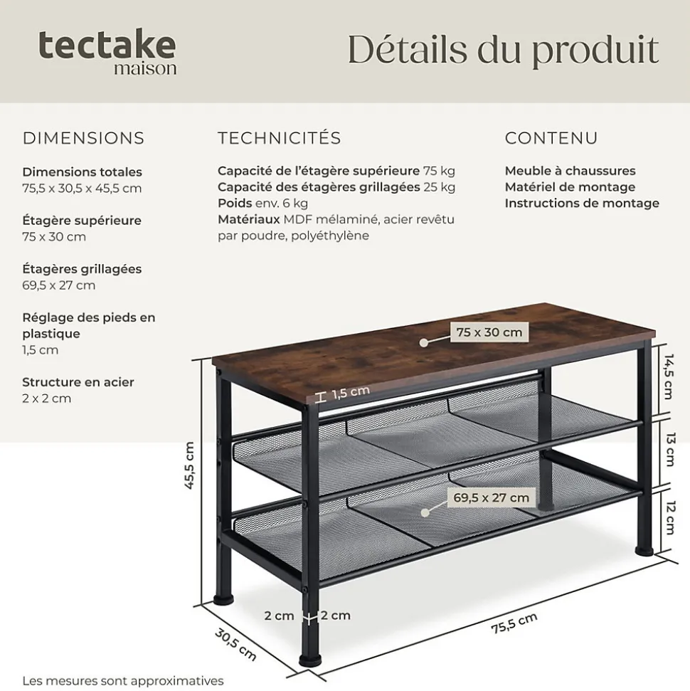 Étagère à chaussures Style industrie 755x305x455cm Bois foncé
