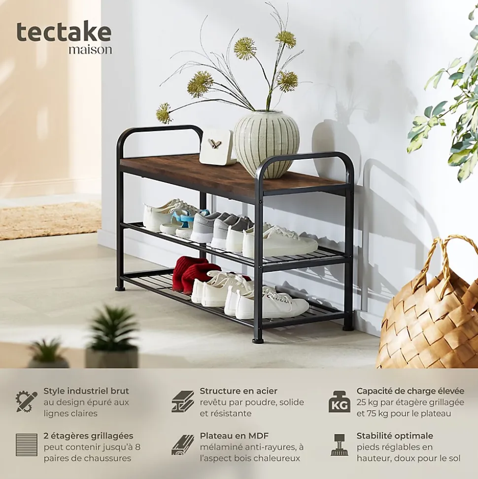 Étagère à chaussures Style industriel 91x36x55 cm Bois foncé