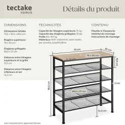 Étagère à chaussures Style industriel 755x305x855cm Bois clair