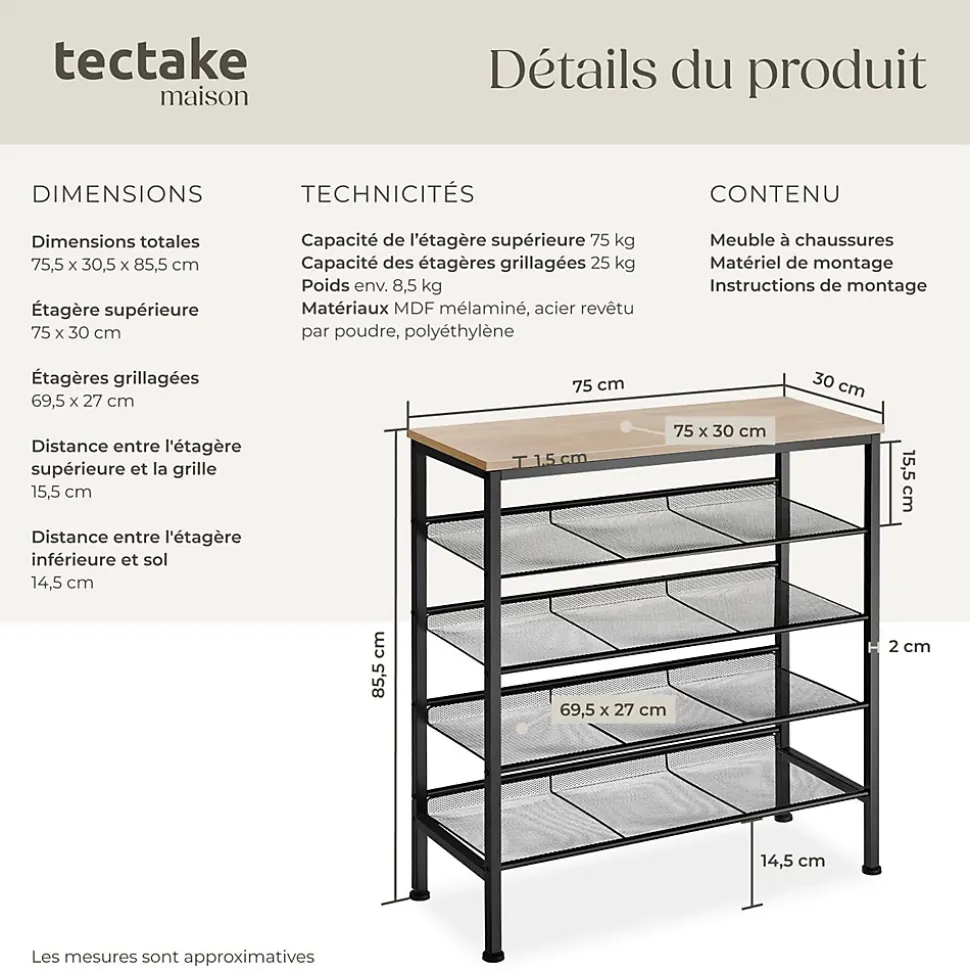 Étagère à chaussures Style industriel 755x305x855cm Bois clair