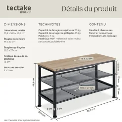 Étagère à chaussures Style industriel 755 x 305 x 455 cm Bois clair