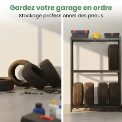 Étagère à pneus de garage en métal 120 cm 3 niveaux noire 120x40x180 cm