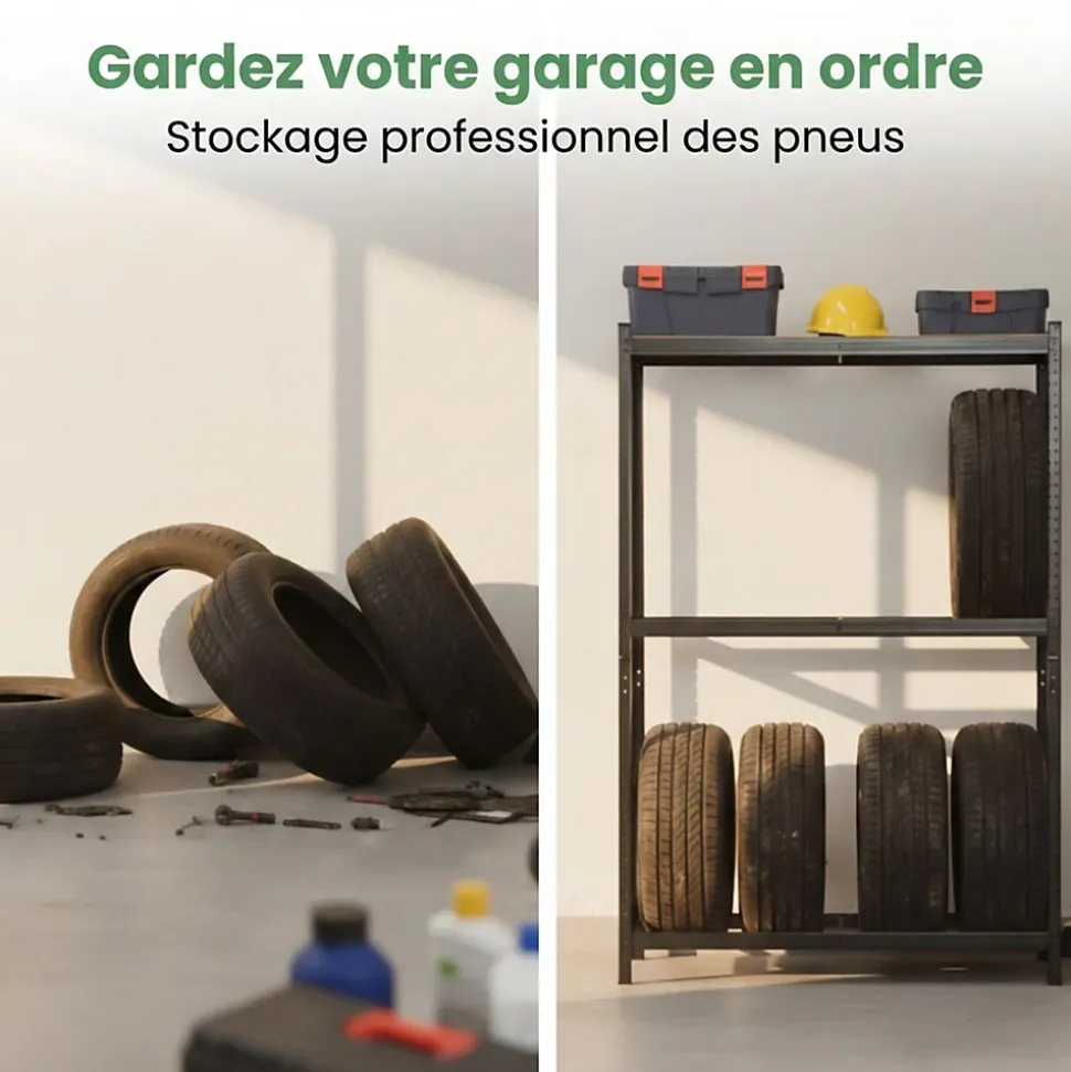 Étagère à pneus de garage en métal 120 cm 3 niveaux noire 120x40x180 cm