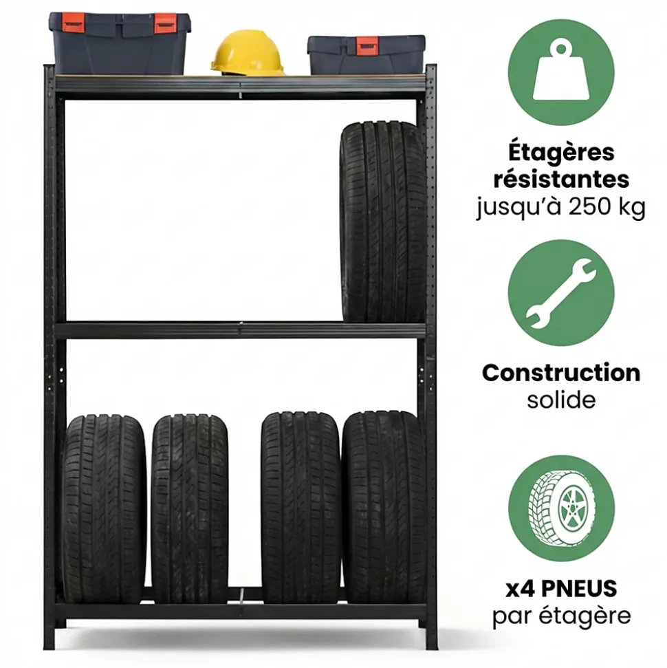 Étagère à pneus de garage en métal 120 cm 3 niveaux noire 120x40x180 cm