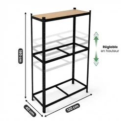 Étagère à pneus de garage en métal 120 cm 3 niveaux noire 120x40x180 cm