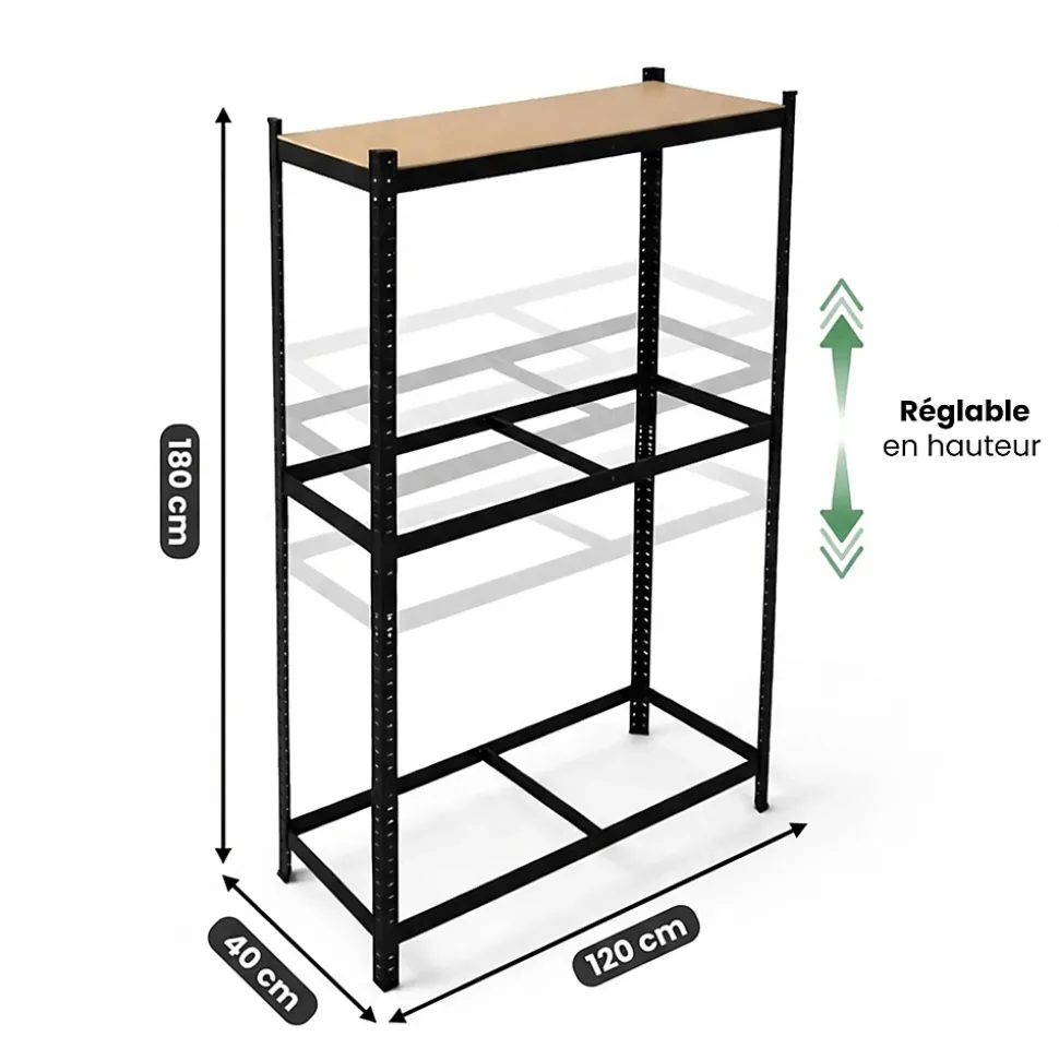 Étagère à pneus de garage en métal 120 cm 3 niveaux noire 120x40x180 cm