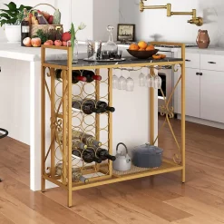 Étagère à Vin avec Casier à Vin 21 Bouteilles, 2 Porte-Verres pour 6 Verres, Grand Plateau pour Salle à, 93x38x102cm