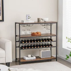 étagère à Vin Horizontal avec 4 Rangées de Porte Verres et 3 étagères de Rangement 5 Niveaux pour 22 Bouteilles de Vin