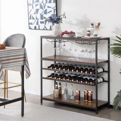 étagère à Vin Horizontal avec 4 Rangées de Porte Verres et 3 étagères de Rangement 5 Niveaux pour 22 Bouteilles de Vin