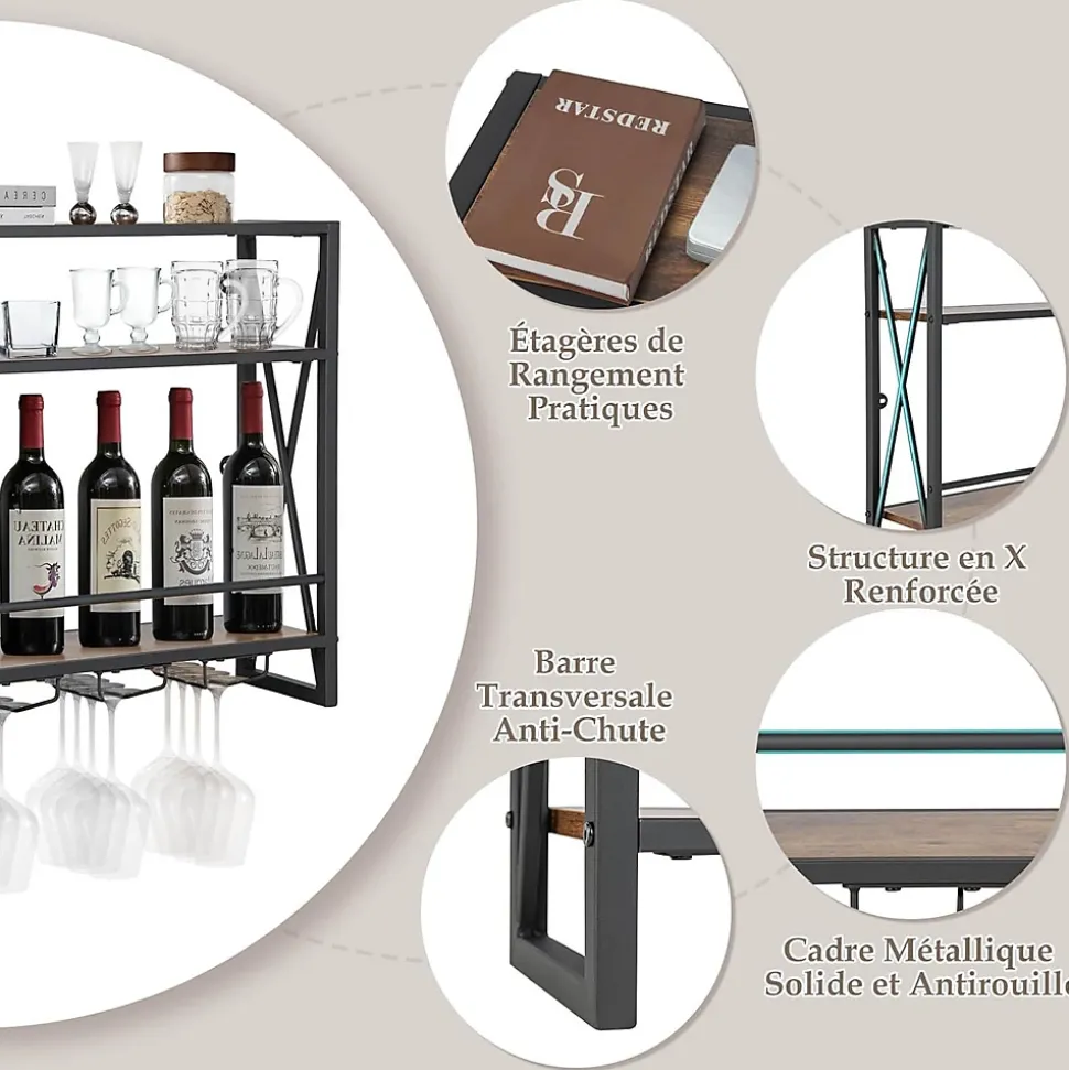 Étagère à Vin Murale Casier à Vin Suspendue 3 Niveaux avec Porte Verres Cadre en Métal Protection Anti Chute Marron