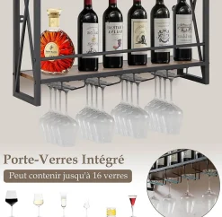Étagère à Vin Murale Casier à Vin Suspendue 3 Niveaux avec Porte Verres Cadre en Métal Protection Anti Chute Marron