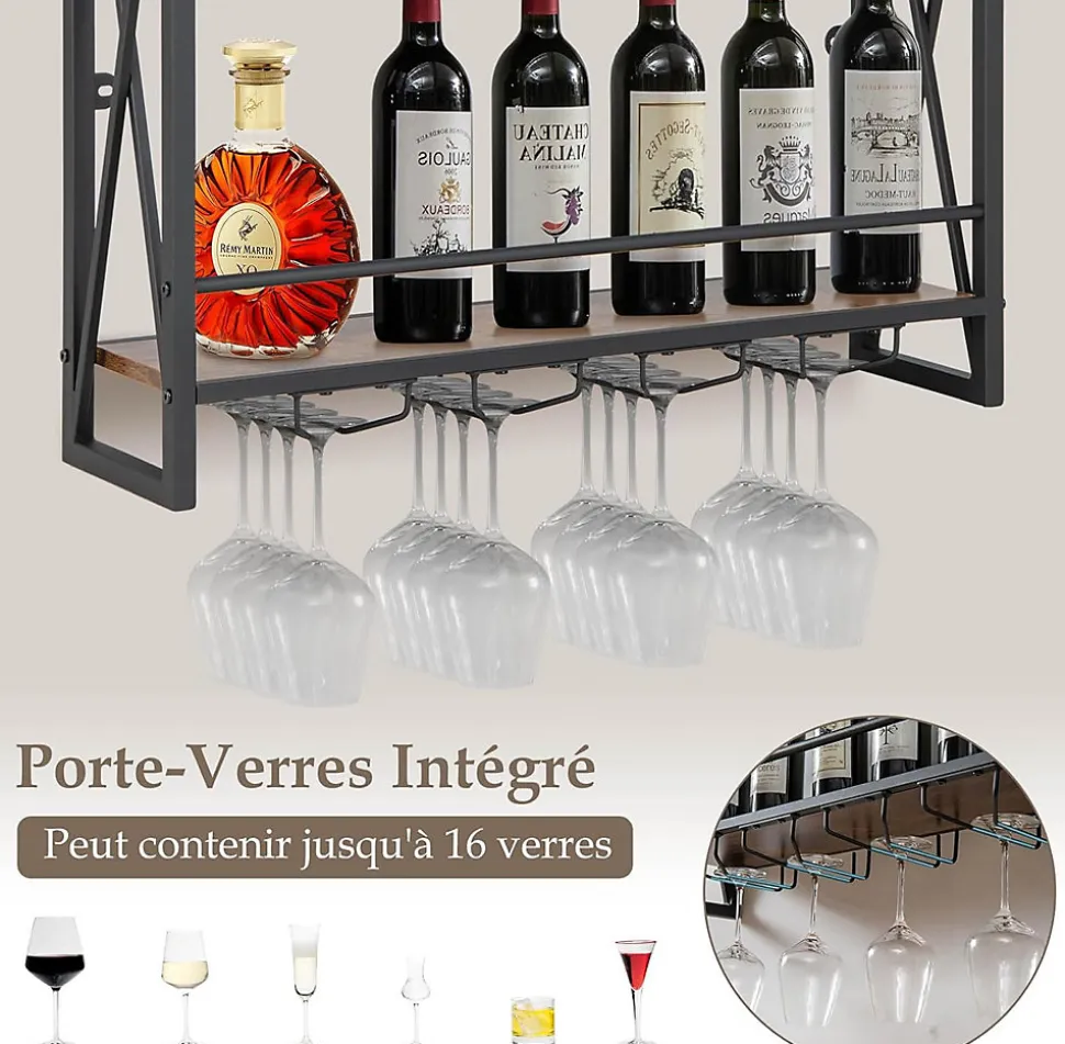 Étagère à Vin Murale Casier à Vin Suspendue 3 Niveaux avec Porte Verres Cadre en Métal Protection Anti Chute Marron