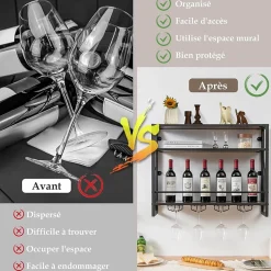 Étagère à Vin Murale Casier à Vin Suspendue 3 Niveaux avec Porte Verres Cadre en Métal Protection Anti Chute Marron