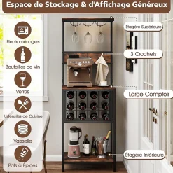 Étagère à Vin pour 12 Bouteille, Style Industriel,en Métal avec Étagère, 3 Crochets,Plan de Travail et Étagère , 54x37x156cm