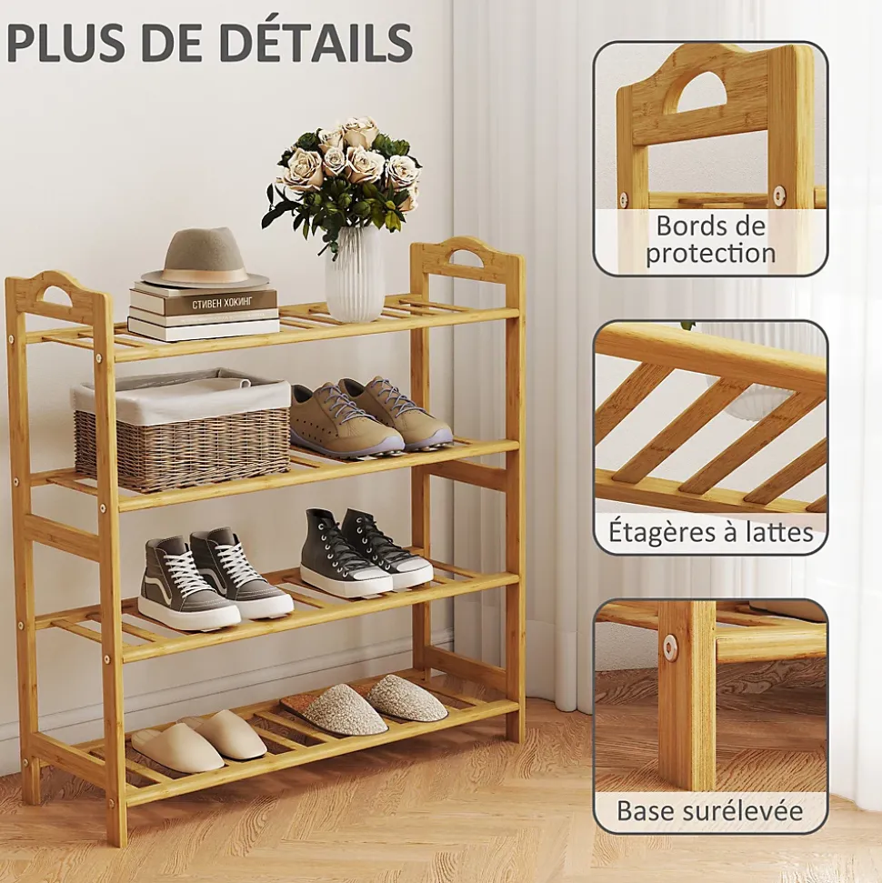 Étagère bambou style naturel - étagère à chaussures 4 niveaux - dim. 67,5 x 24,7 x 72 cm