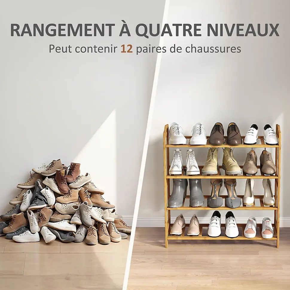 Étagère bambou style naturel - étagère à chaussures 4 niveaux - dim. 67,5 x 24,7 x 72 cm