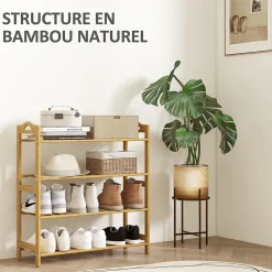 Étagère bambou style naturel - étagère à chaussures 4 niveaux - dim. 67,5 x 24,7 x 72 cm