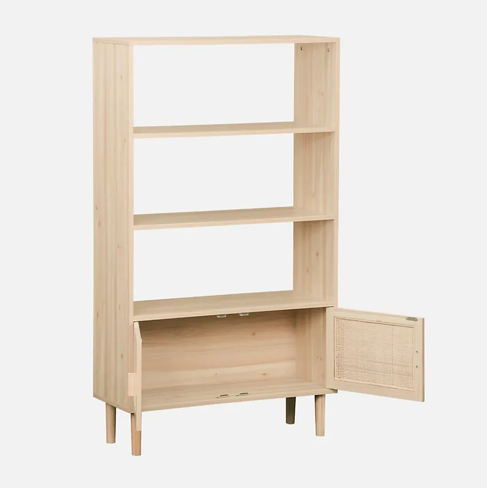 Étagère bibliothèque décor bois et cannage - Camargue - 3 niveaux. 2 portes