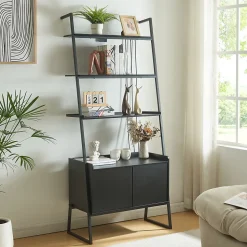 Étagère échelle Storfjord avec armoire noir en.casa