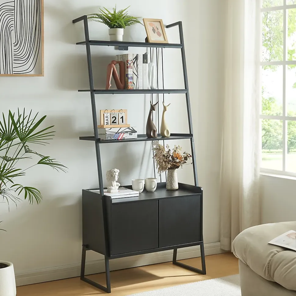 Étagère échelle Storfjord avec armoire noir en.casa