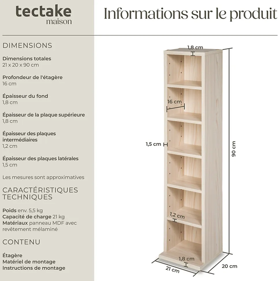 Étagère Colonne Meuble de Rangement 6 compartiments 90x21x20cm aspect bois