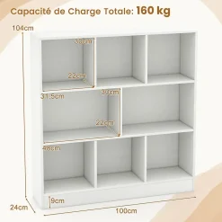 Étagère 8-Cube, 3 Niveaux avec Compartiments, 2 Kits Anti-basculement, Armoire pour Livres ,Jouets, 100 x 24 x 104 cm (Blanc)