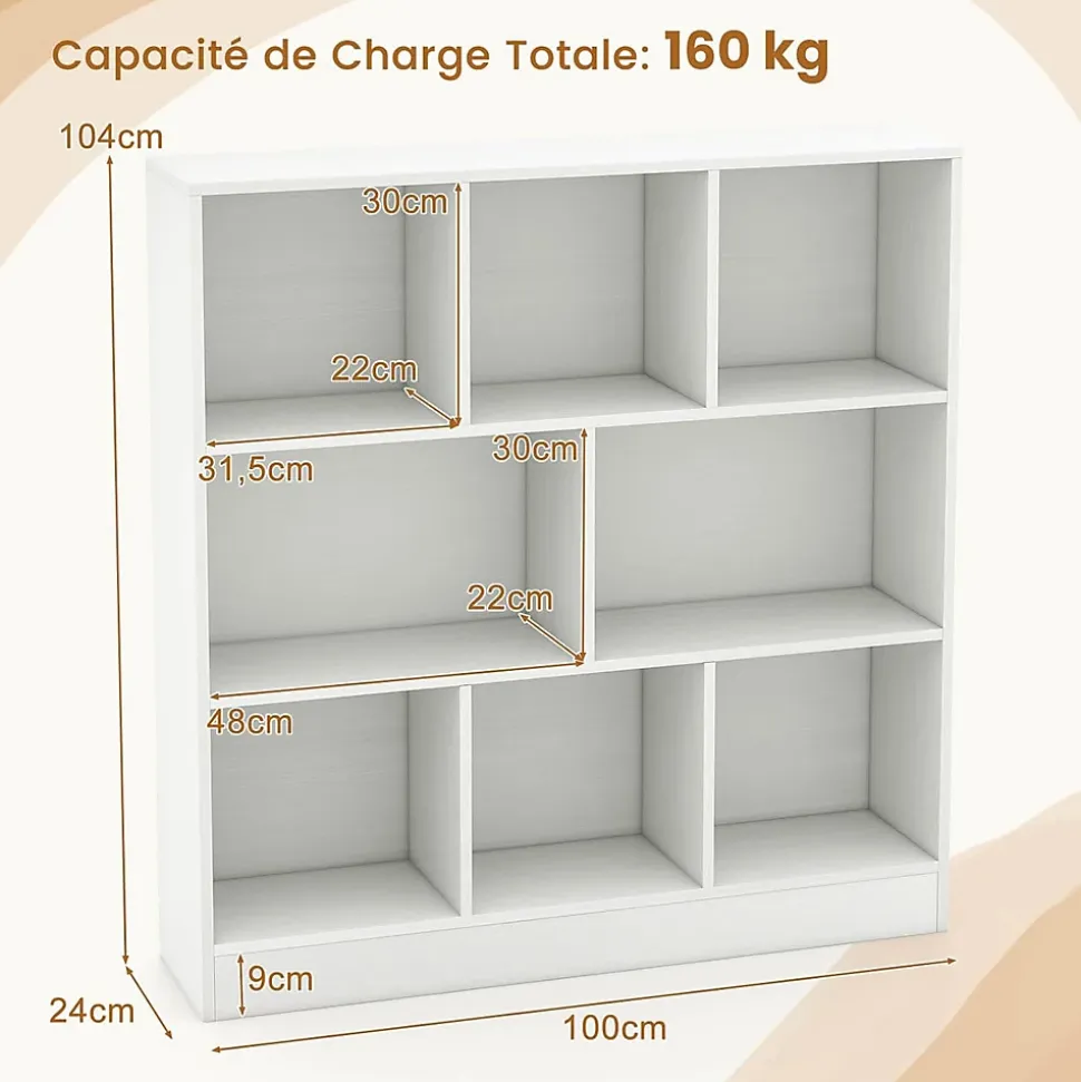 Étagère 8-Cube, 3 Niveaux avec Compartiments, 2 Kits Anti-basculement, Armoire pour Livres ,Jouets, 100 x 24 x 104 cm (Blanc)