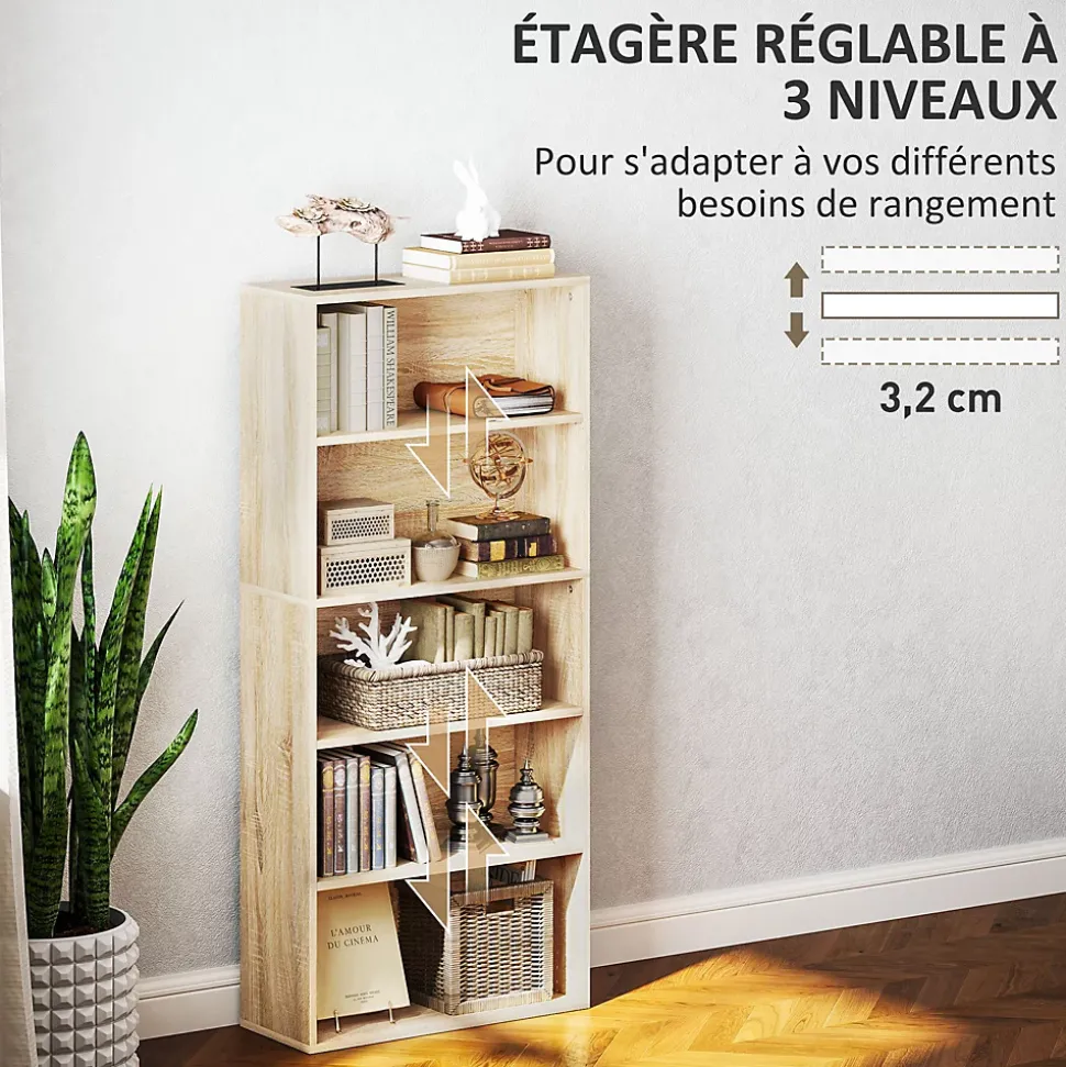Étagère cube colonne - bibliothèque - rangement 5 compartiments - dim. 60 x 24 x 133 cm - effet bois naturel