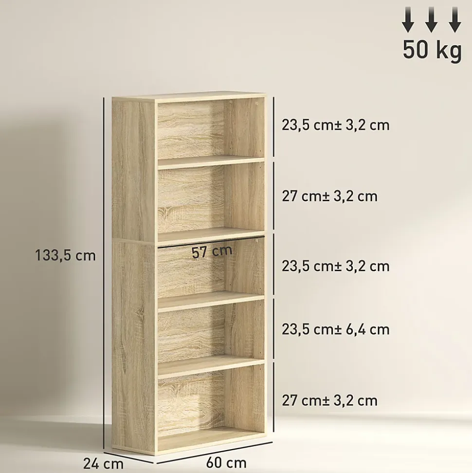 Étagère cube colonne - bibliothèque - rangement 5 compartiments - dim. 60 x 24 x 133 cm - effet bois naturel