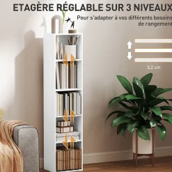 Étagère cube colonne - bibliothèque - rangement 5 compartiments - dim. 30 x 24 x 133 cm - blanc