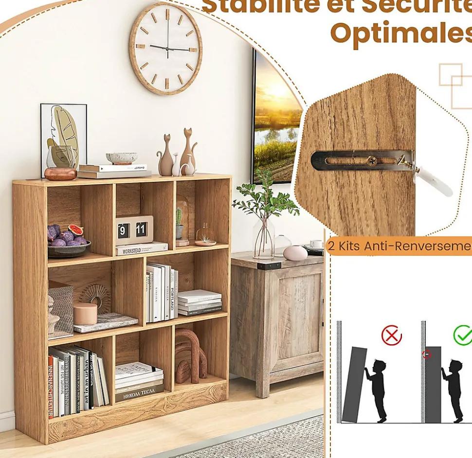 Étagère 8-Cube,3 Niveaux avec Compartiments , 2 Kits Anti-basculement, Armoire pour Livres ,Jouets, 100 x 24 x 104 cm (Naturel)