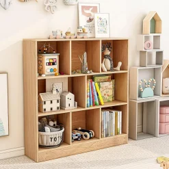 Étagère 8-Cube,3 Niveaux avec Compartiments , 2 Kits Anti-basculement, Armoire pour Livres ,Jouets, 100 x 24 x 104 cm (Naturel)
