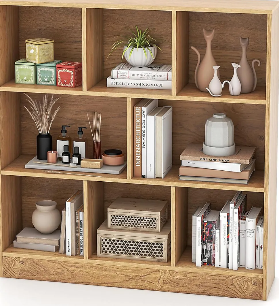 Étagère 8-Cube,3 Niveaux avec Compartiments , 2 Kits Anti-basculement, Armoire pour Livres ,Jouets, 100 x 24 x 104 cm (Naturel)