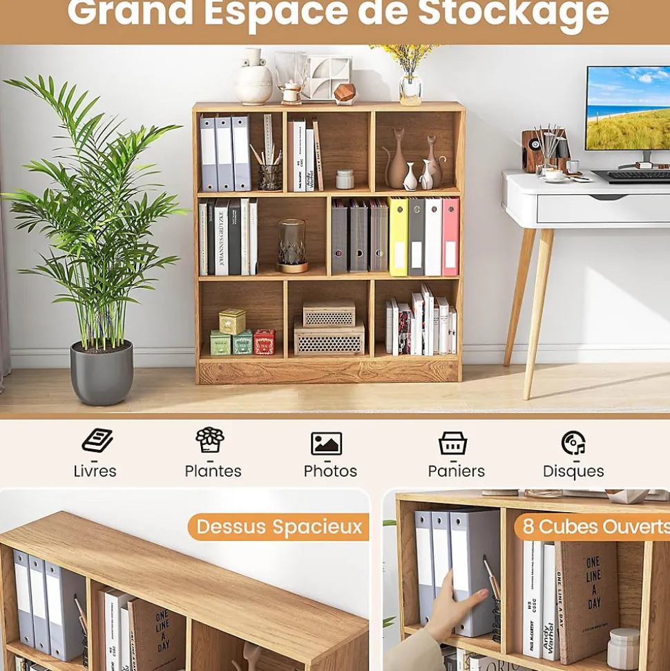 Étagère 8-Cube,3 Niveaux avec Compartiments , 2 Kits Anti-basculement, Armoire pour Livres ,Jouets, 100 x 24 x 104 cm (Naturel)
