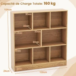 Étagère 8-Cube,3 Niveaux avec Compartiments , 2 Kits Anti-basculement, Armoire pour Livres ,Jouets, 100 x 24 x 104 cm (Naturel)