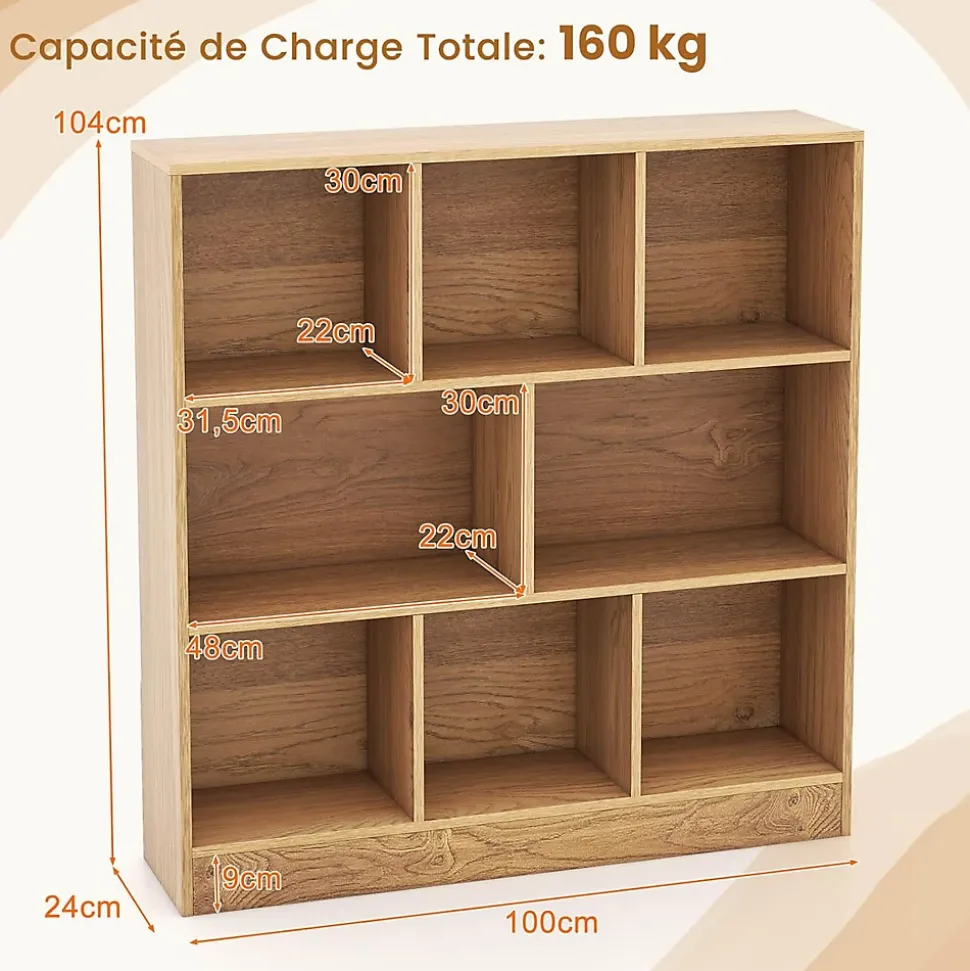 Étagère 8-Cube,3 Niveaux avec Compartiments , 2 Kits Anti-basculement, Armoire pour Livres ,Jouets, 100 x 24 x 104 cm (Naturel)