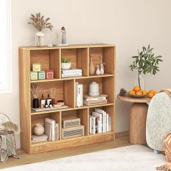 Étagère 8-Cube,3 Niveaux avec Compartiments , 2 Kits Anti-basculement, Armoire pour Livres ,Jouets, 100 x 24 x 104 cm (Naturel)
