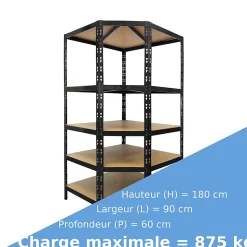 Étagère d'angle charge lourde, Noir, 5 Étages, 180 x 90 x 42 x 60 cm Charge Max : 875 kg