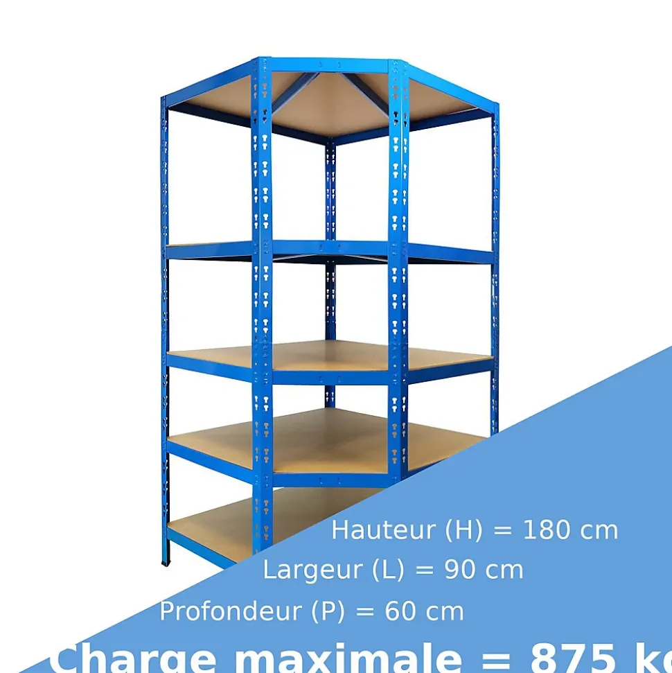 Étagère d'angle charge lourde, Bleu, 5 Étages, 180 x 90 x 42 x 60 cm Charge Max : 875 kg