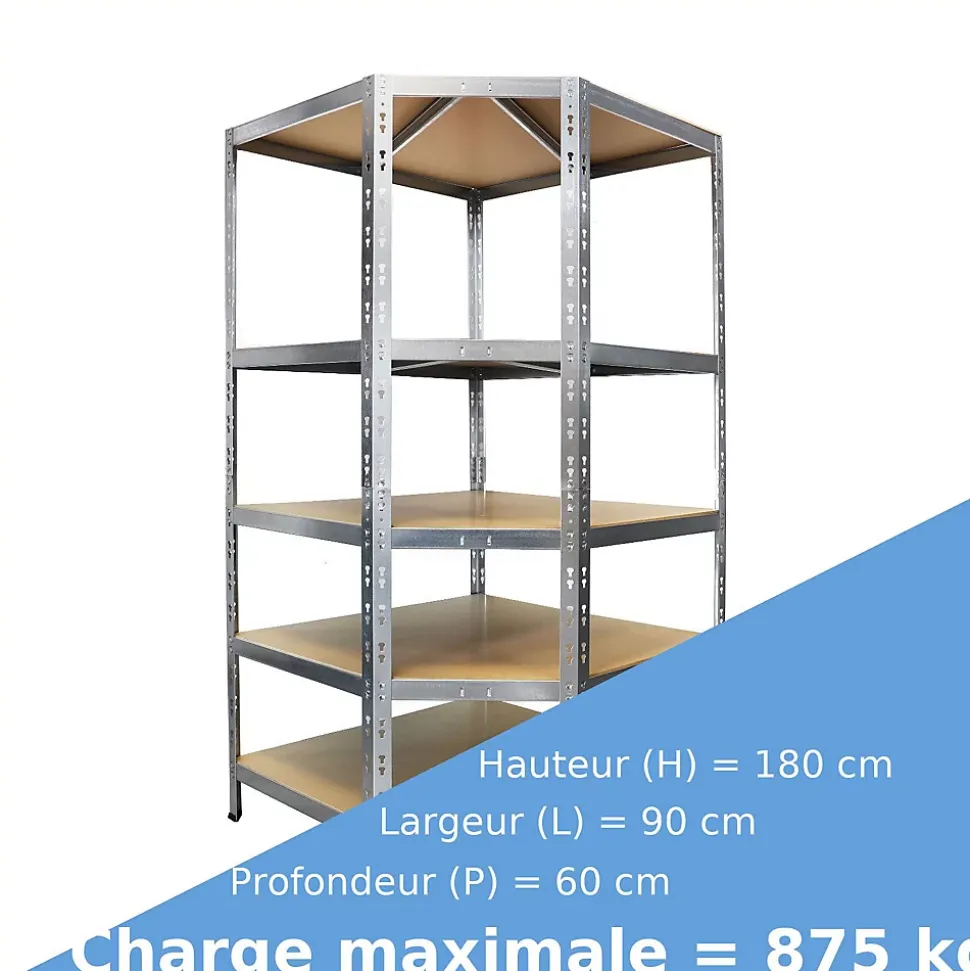 Étagère d'angle charge lourde, Galvanisé, 5 Étages, 180 x 90 x 42 x 60 cm Charge Max : 875 kg