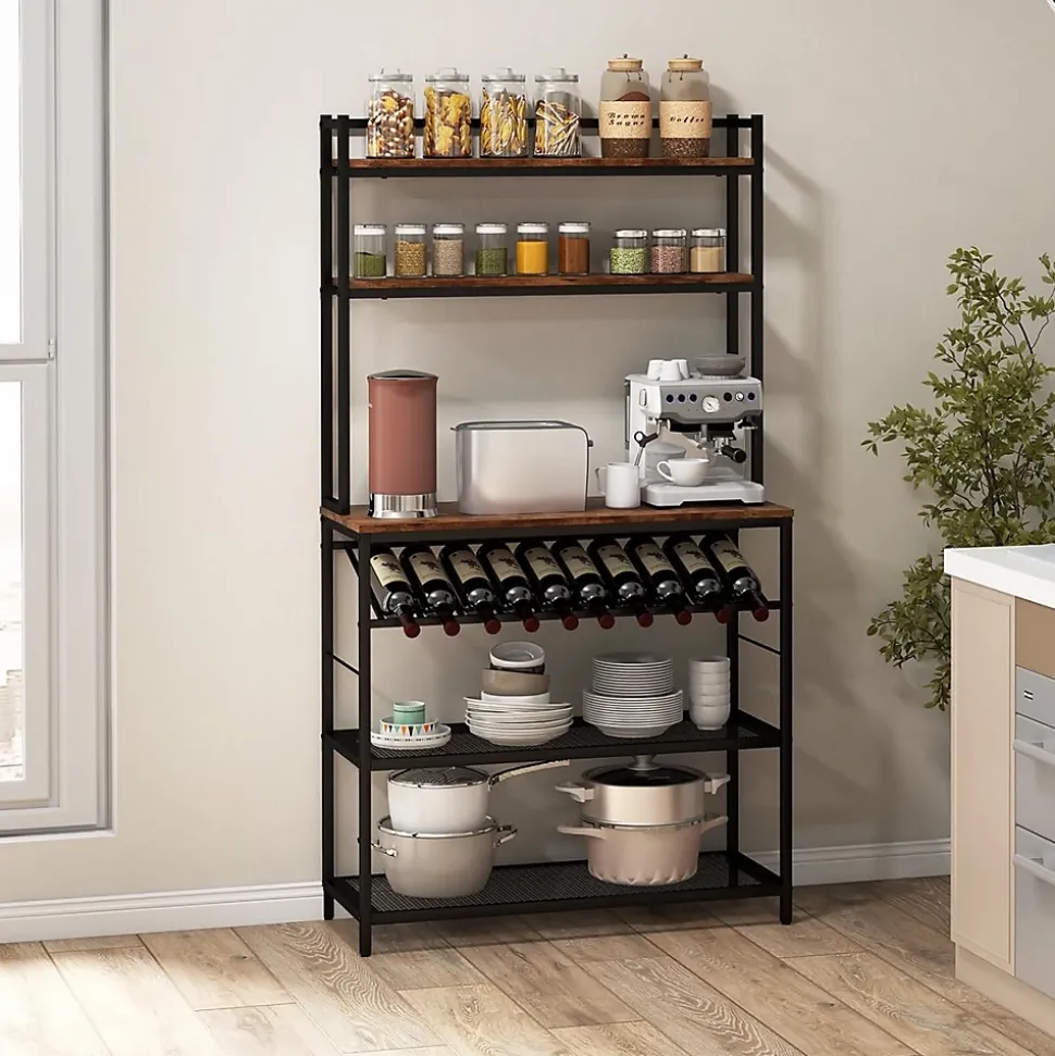 Étagère de Cuisine à 6 Niveaux Support pour Micro Onde Autoportant Porte Bouteille de Vin Incliné 2 Étagères en Maille