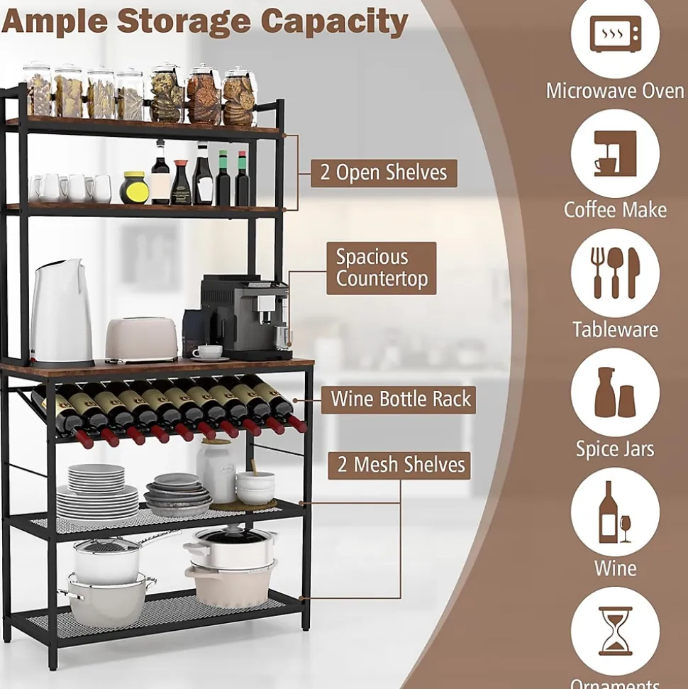 Étagère de Cuisine à 6 Niveaux Support pour Micro Onde Autoportant Porte Bouteille de Vin Incliné 2 Étagères en Maille
