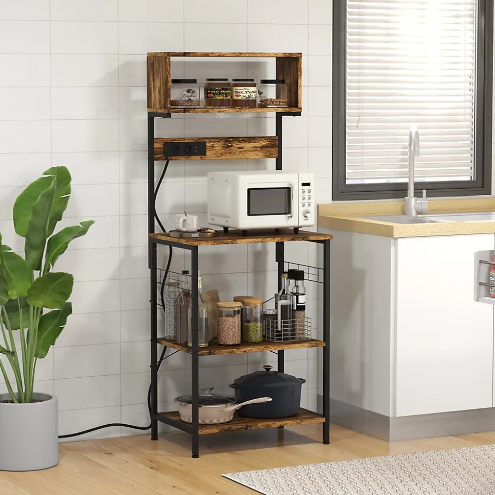 Étagère de cuisine avec multiprise et 2 chargeurs USB - 2 étagères, plateau, niche, 5 crochets - acier noir aspect bois vieilli