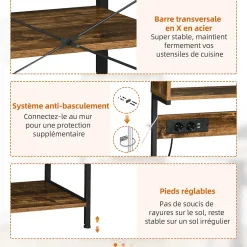 Étagère de cuisine avec multiprise et 2 chargeurs USB - 2 étagères, plateau, niche, 5 crochets - acier noir aspect bois vieilli