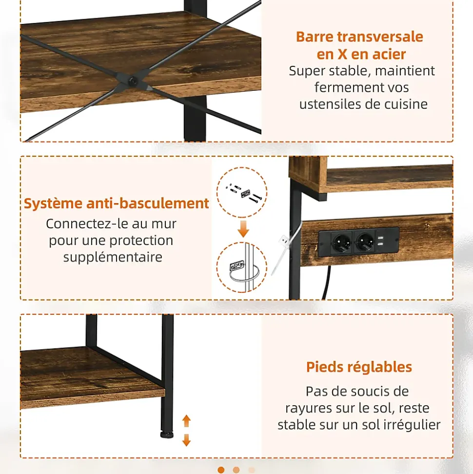 Étagère de cuisine avec multiprise et 2 chargeurs USB - 2 étagères, plateau, niche, 5 crochets - acier noir aspect bois vieilli