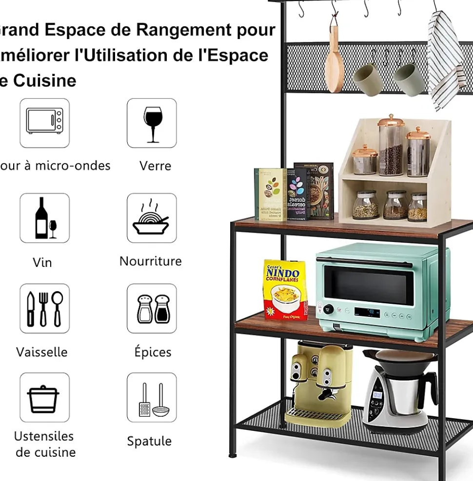 étagère de Rangement à 3 Niveaux étagère pour Micro Ondes avec 11 Crochets et Panneau Grillagé avec Pieds Antidérapants